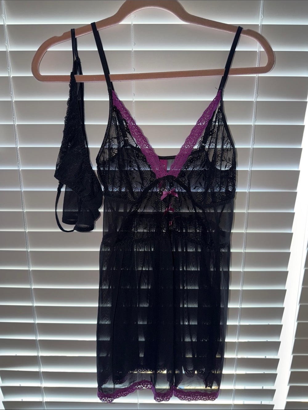 Adore Me Black Mesh Chemise with Purple Lace Trim